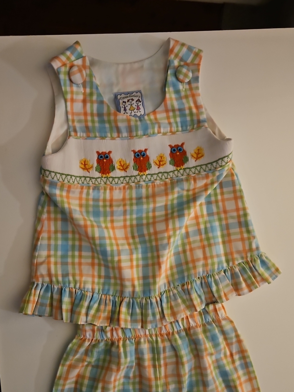 Plaid Owl Smocked Kids Matching Set - Multicolor